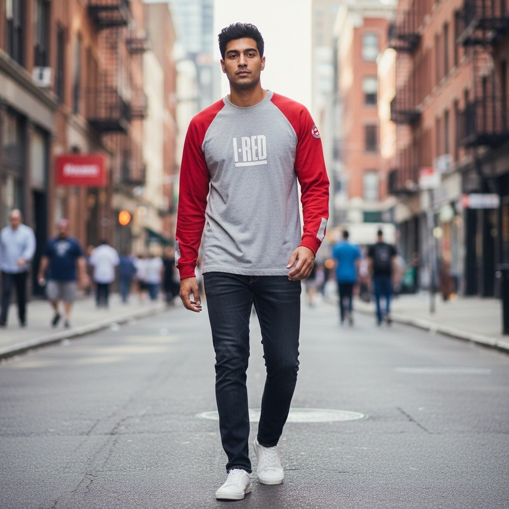 VTG INDIGO‎ RED Mens Gray Red Raglan Sweatshirt Pullover Logo Size L Y2K NWT